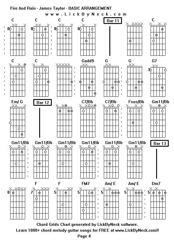 Chord Grids Chart of chord melody fingerstyle guitar song-Fire And Rain - James Taylor - BASIC ARRANGEMENT,generated by LickByNeck software.